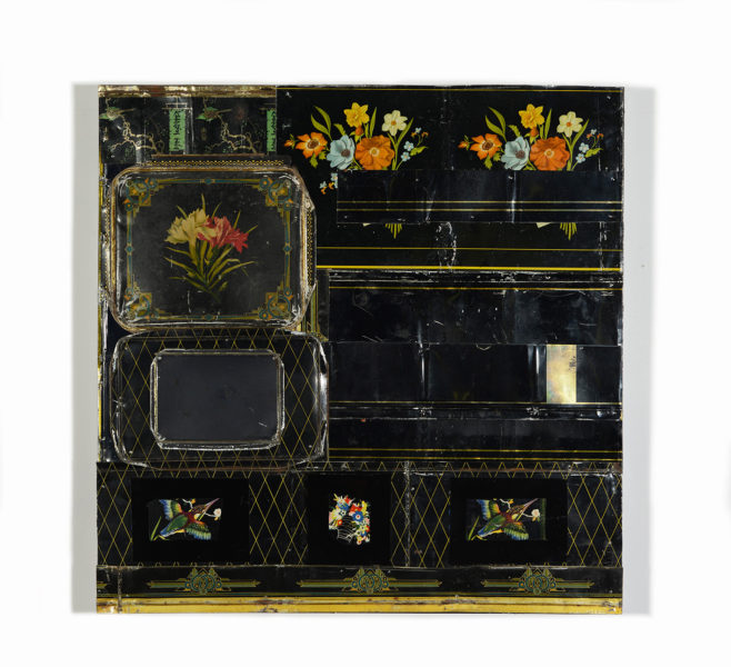 FF 032-24 Extra Noir, 2024, assemblaggio di scatole di latta tagliate su pannello, cm65x65